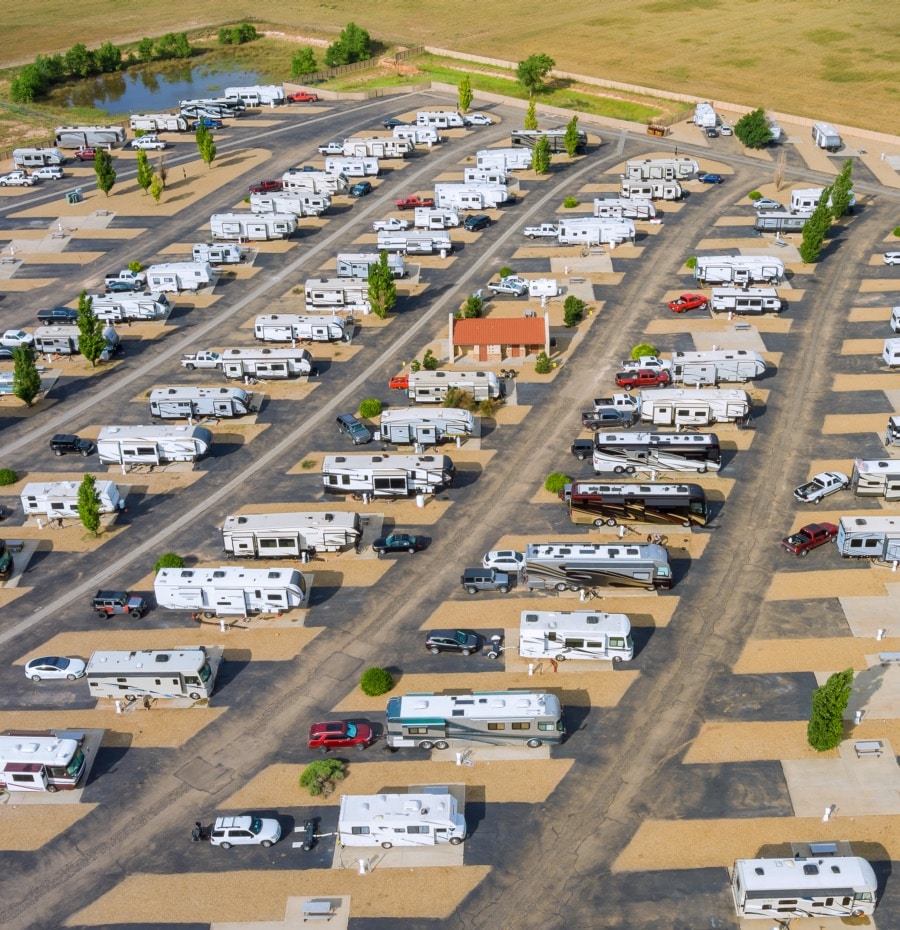 Aerial view of RV parking camping park Resort with travel clubhouse